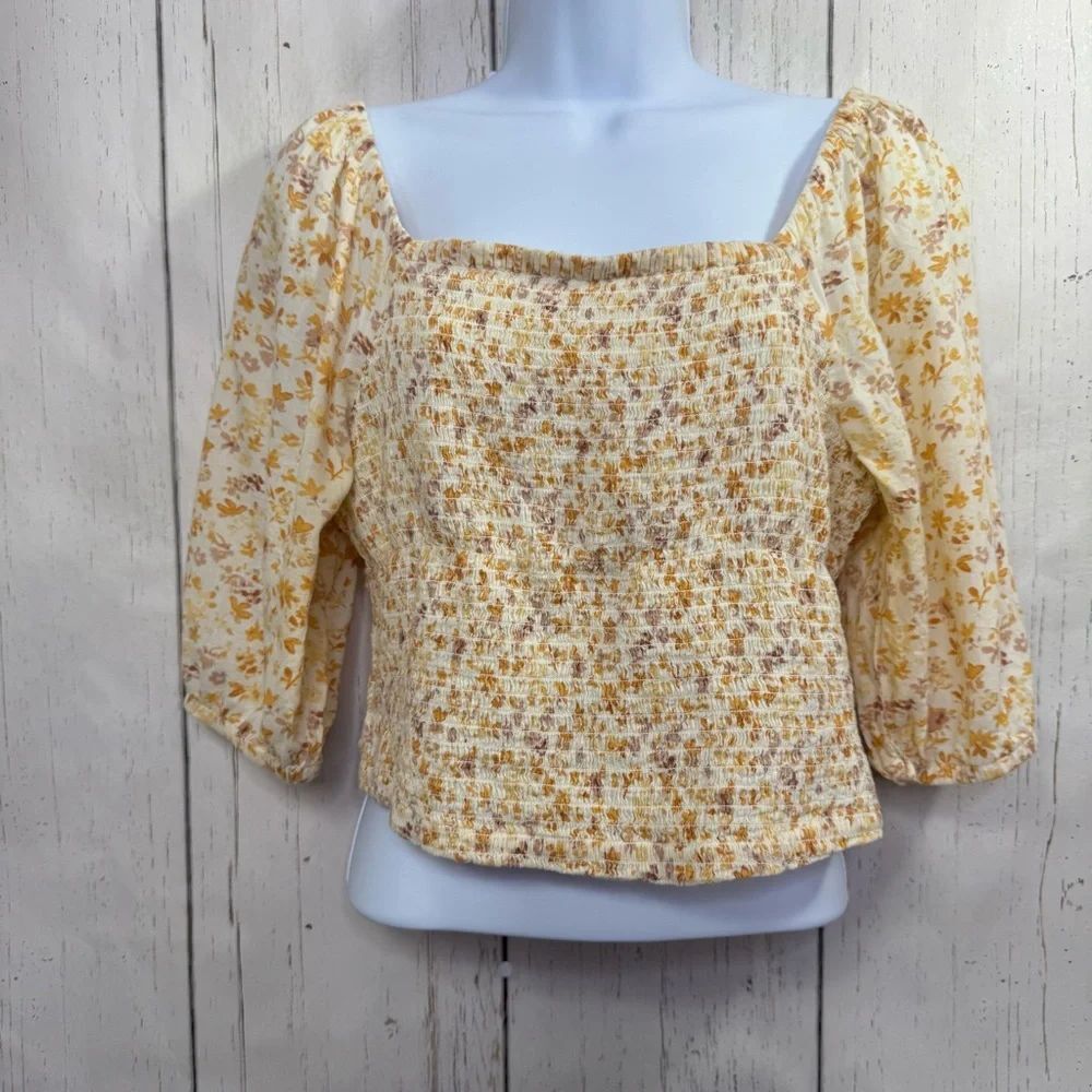 ABLE Smocked Floral Puff Sleeve Top Square Neck Size L Boho Cottagecore Milkmaid